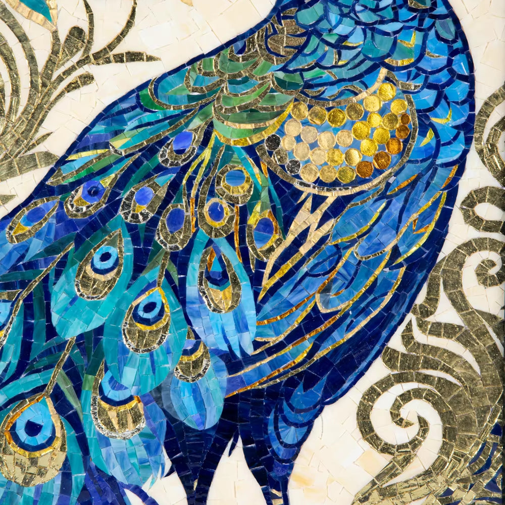 Natural Stone And Glass Mosaic Painting Peacock For Wall Decoration