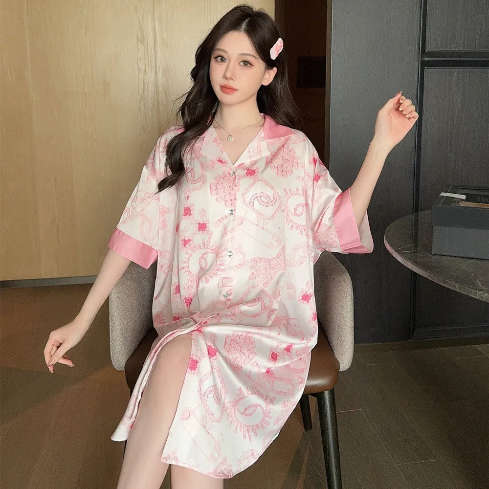 New 2024 Women's Big Size Loose-fitting Cool Silk Nightgown