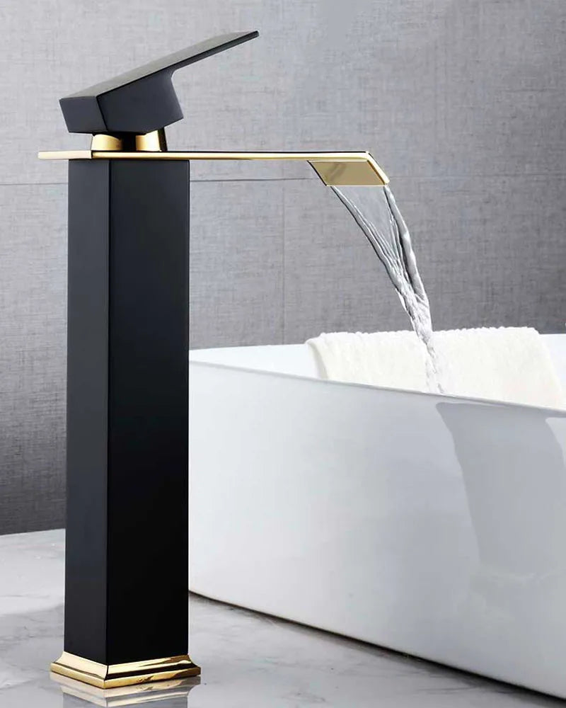 Basin Faucet Gold and Black Waterfall Faucet Brass Bathroom Wash Basin Mixer Tap Hot and Cold Water Vanity Vessel Sink Faucets - Daisan Mart