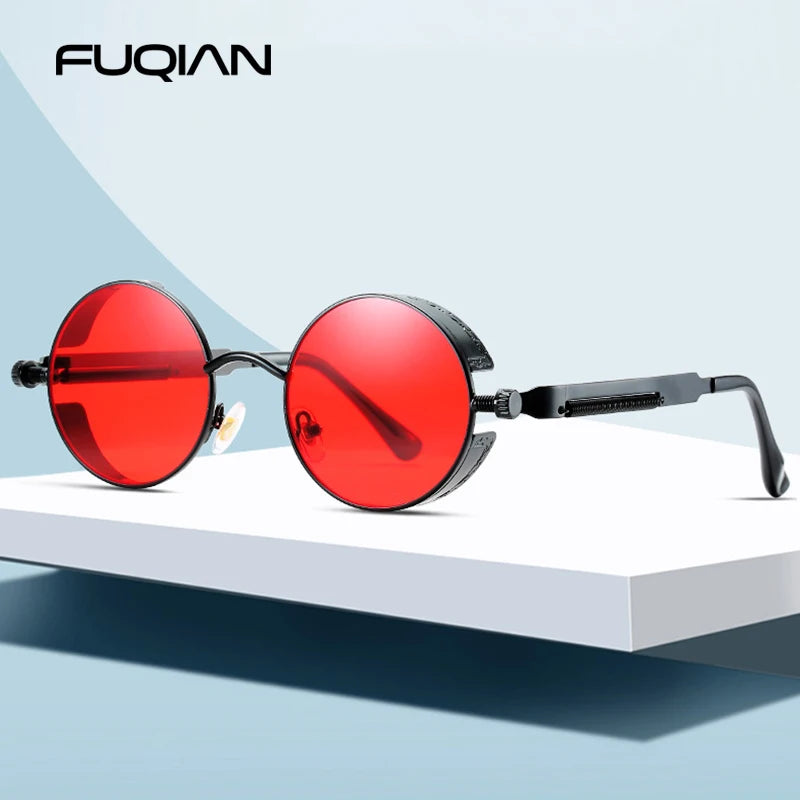 時尚哥德蒸氣龐克太陽眼鏡 男女 經典圓形金屬黑太陽眼鏡 復古男士駕駛旅行太陽眼鏡 UV400