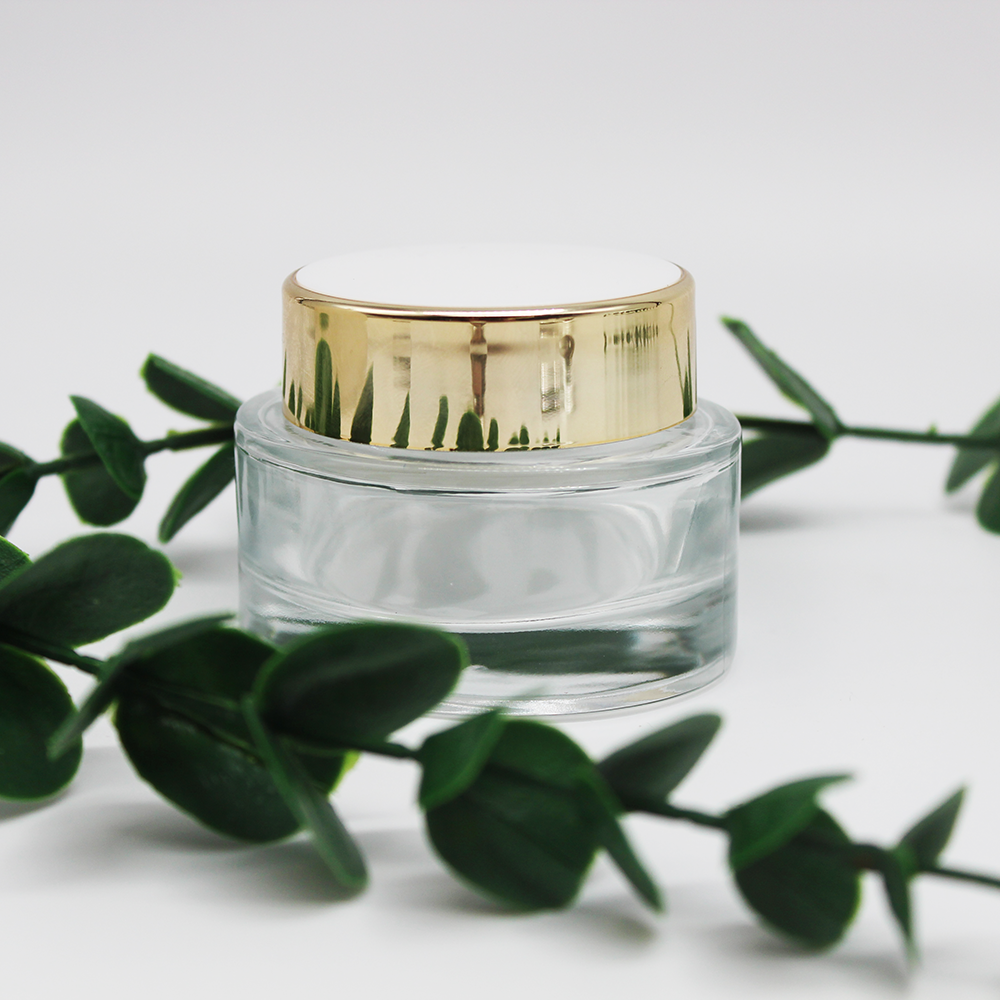 Eco-friendly glass cosmetic cream jar with black plastic/aluminum lid for skin care cream, face cream, eye cream packaging 
