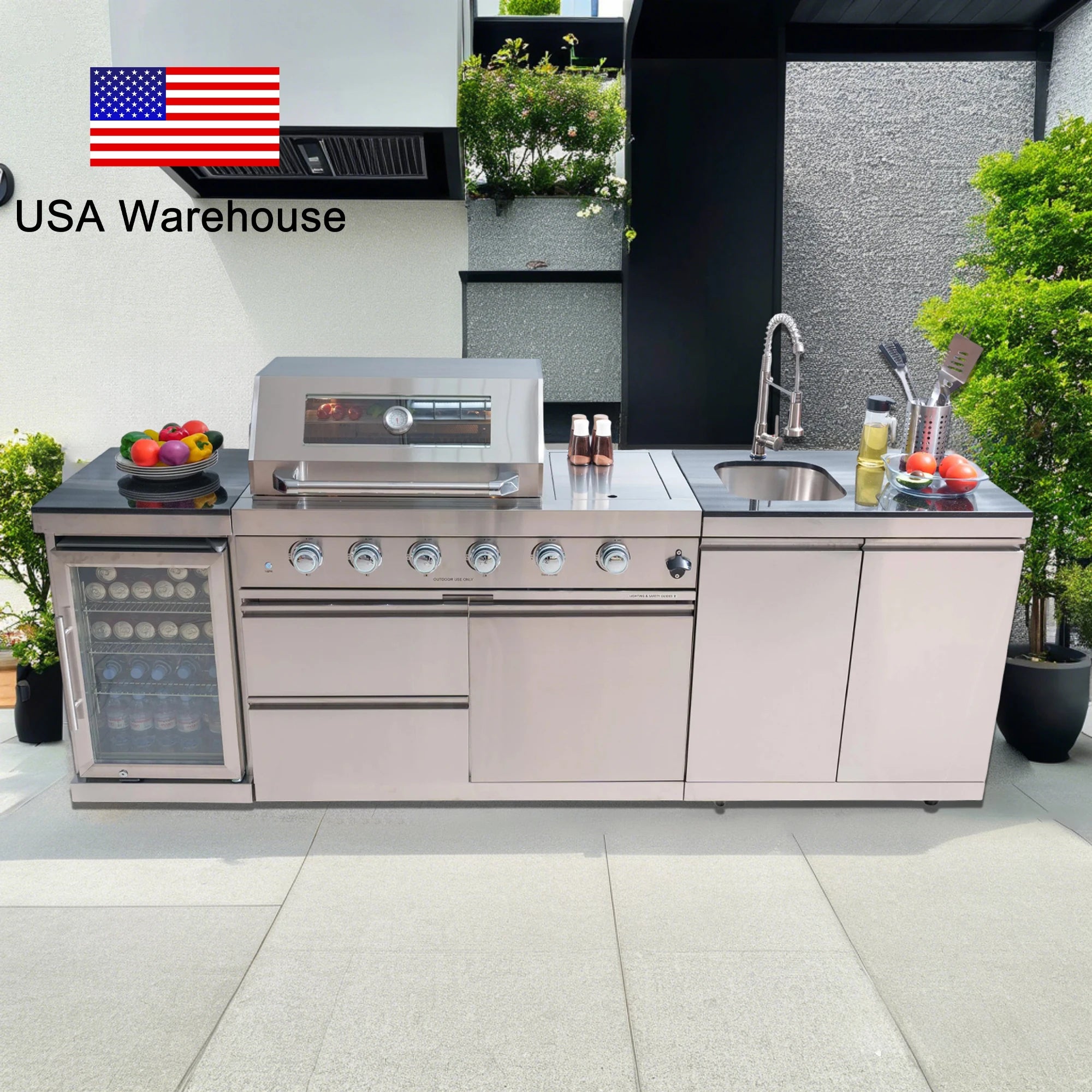 High-Quality 304 Stainless Steel Outdoor Kitchen Cabinet with Sink and Refrigerator