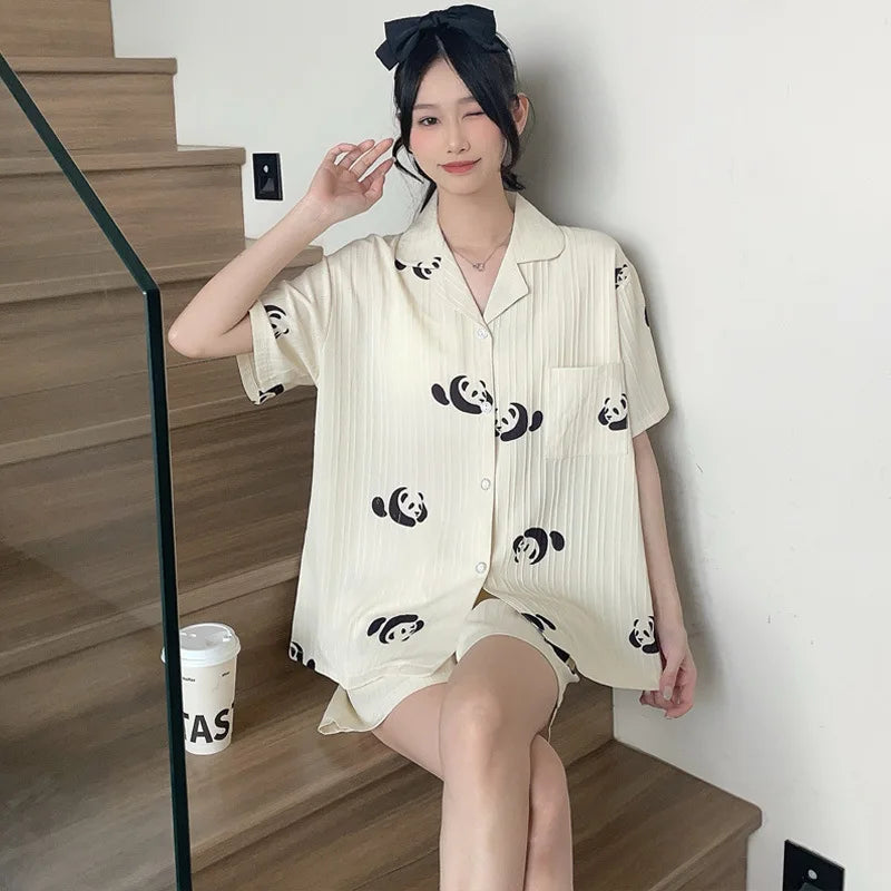 Bộ Đồ Ngủ Nữ Hè Cotton Kẻ Sọc Nơ Dễ Thương