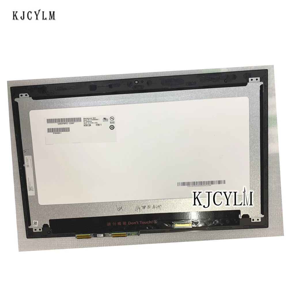 Màn hình laptop có viền bạc, nhãn dán trắng và chữ "Don't Touch" màu đỏ bên dưới.