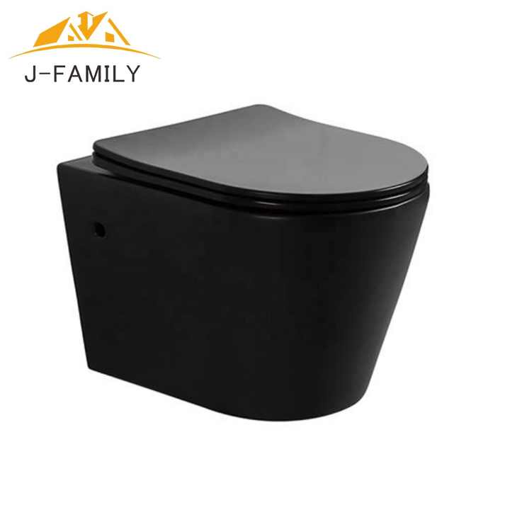 Small size P-trap rimless wall-hung toilet for apartment, black and white matte enamel, with UF/pp lid 