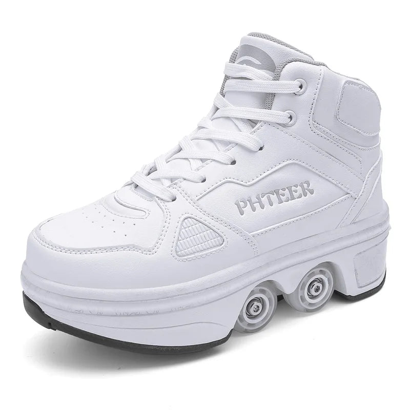 Unisex Detachable Dual Purpose Roller Skate Shoes, Outdoor Fashionable Skateboarding Shoes, White/Pink Casual Sneakers