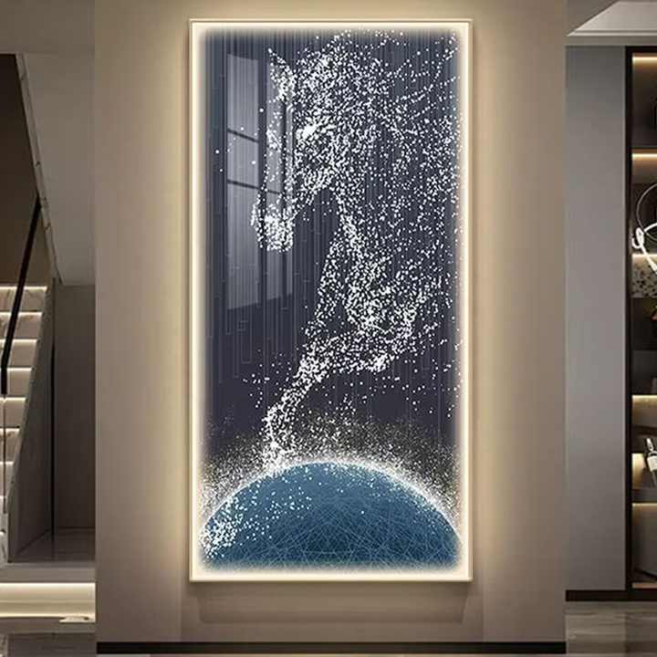 JZ Modern Living Room Decor Horse Image UV Printing Poster Crystal Lamp Porcelain Abstract Artwork Animal LED Wall Art 