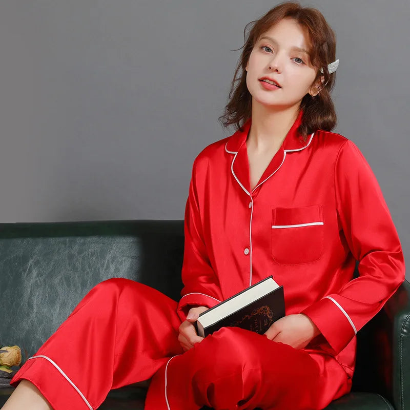 High-end luxury silk pajamas for men and women autumn and winter