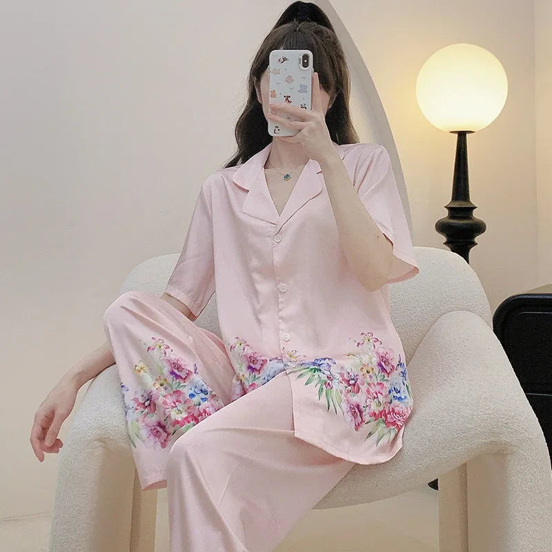 SAMWESTART Women's Pajamas Set Cool Silk High Quality Newspaper Print