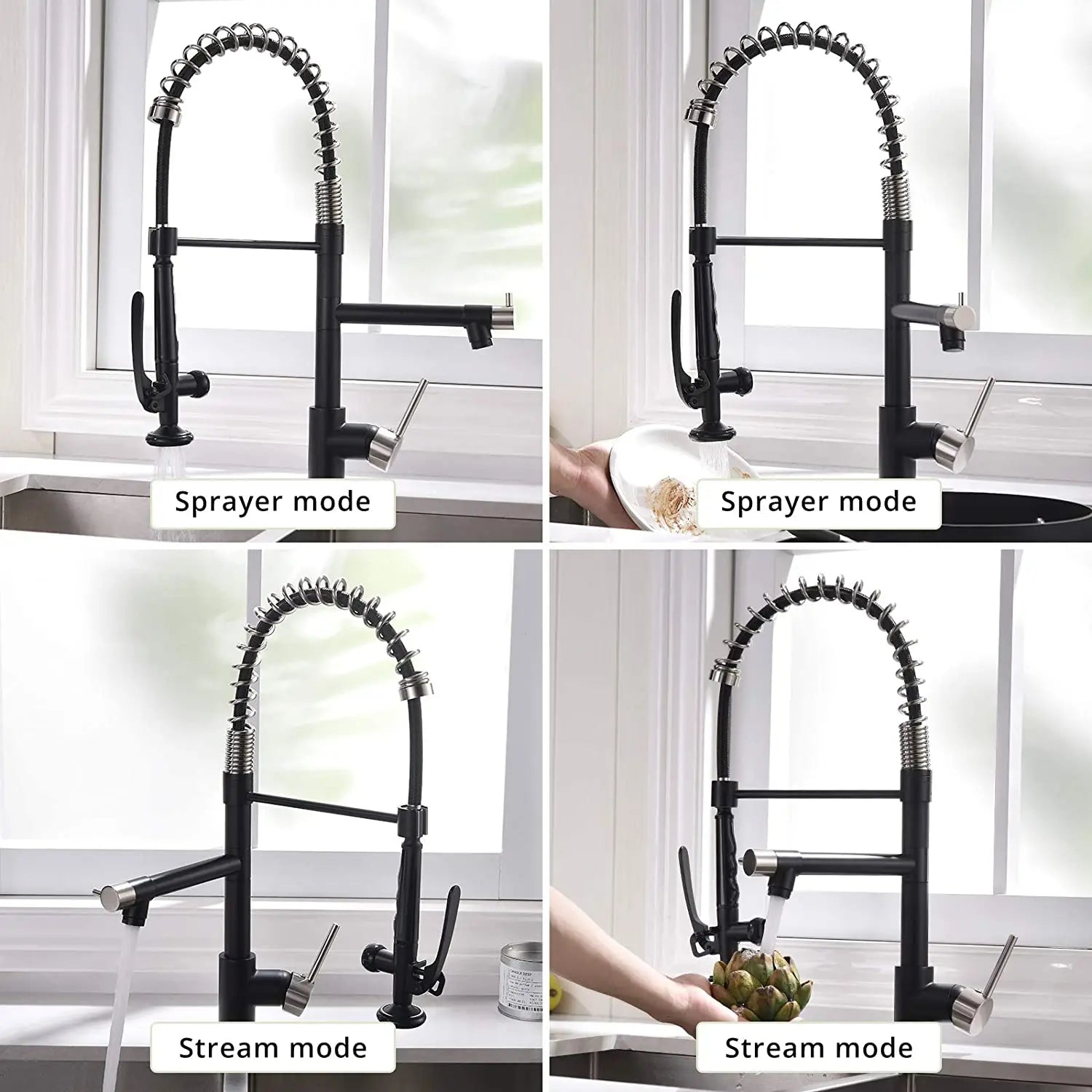 Commercial Modern Black Pull Down Double Outlet European Gourmet Kitchen Led Water Faucet With Plate
