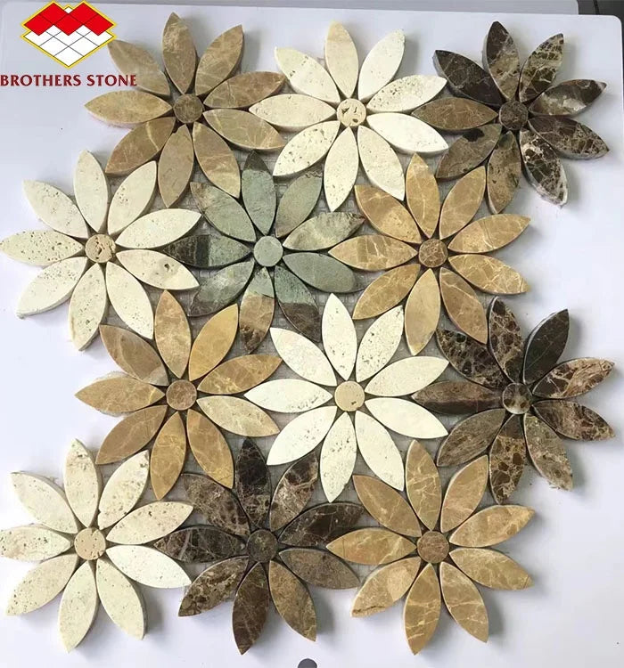 Modern Brown White Waterjet Flower Shape Marble Stone Mosaic Daisy Pattern Backsplash for Interior Wall Graphic Design Wall - Daisan Mart