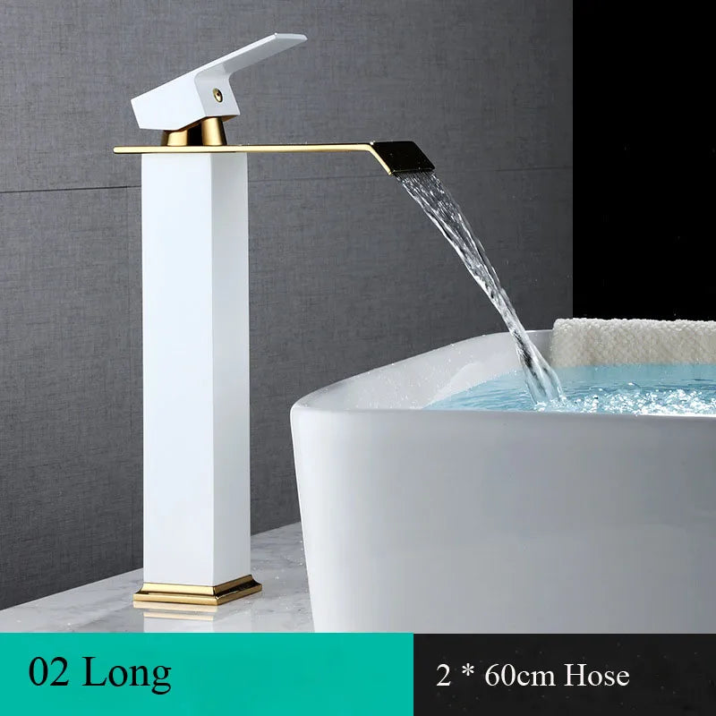 Basin Faucet Gold and Black Waterfall Faucet Brass Bathroom Wash Basin Mixer Tap Hot and Cold Water Vanity Vessel Sink Faucets - Daisan Mart