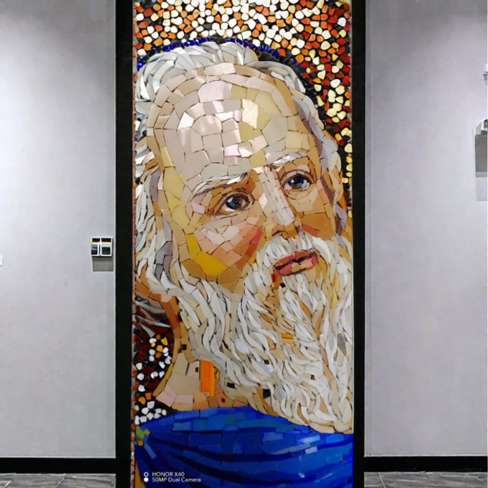 Small handmade mosaic painting decorates modern luxury living room hallway 