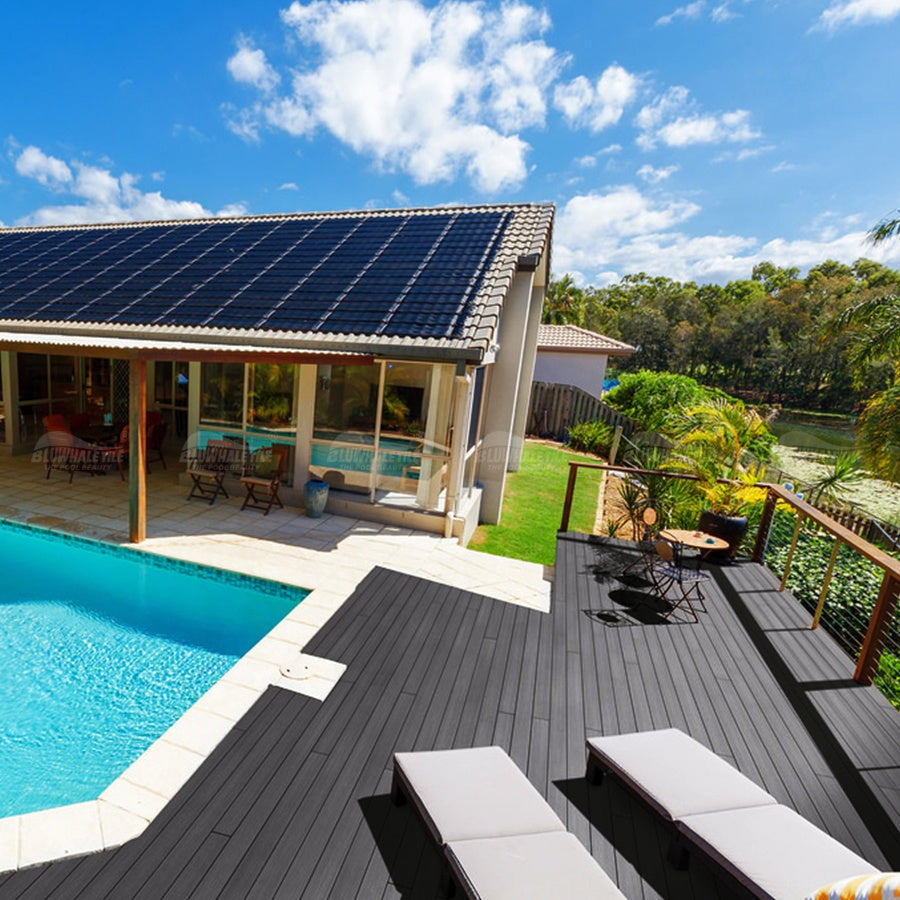 Composite wood plastic floor tiles are anti-slip, friendly to barefoot people, used outdoors for swimming pools 