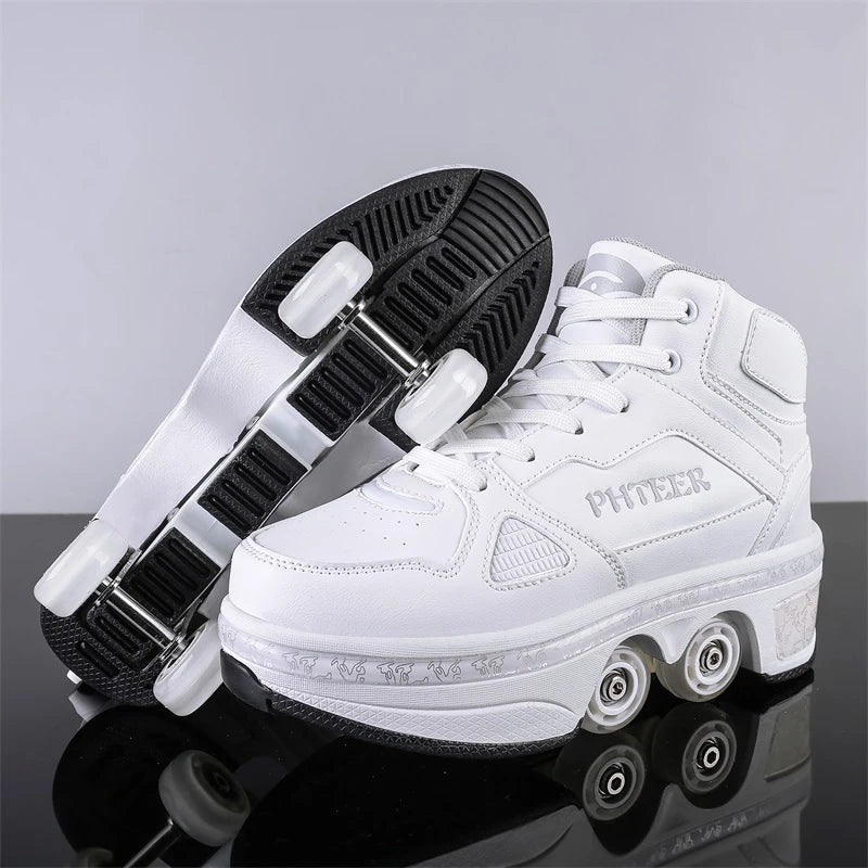 Unisex Detachable Dual Purpose Roller Skate Shoes, Outdoor Fashionable Skateboarding Shoes, White/Pink Casual Sneakers