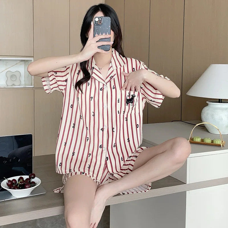 Bộ Đồ Ngủ Nữ Hè Cotton Kẻ Sọc Nơ Dễ Thương