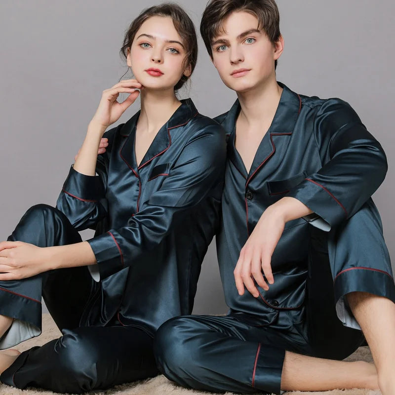 High-end luxury silk pajamas for men and women autumn and winter