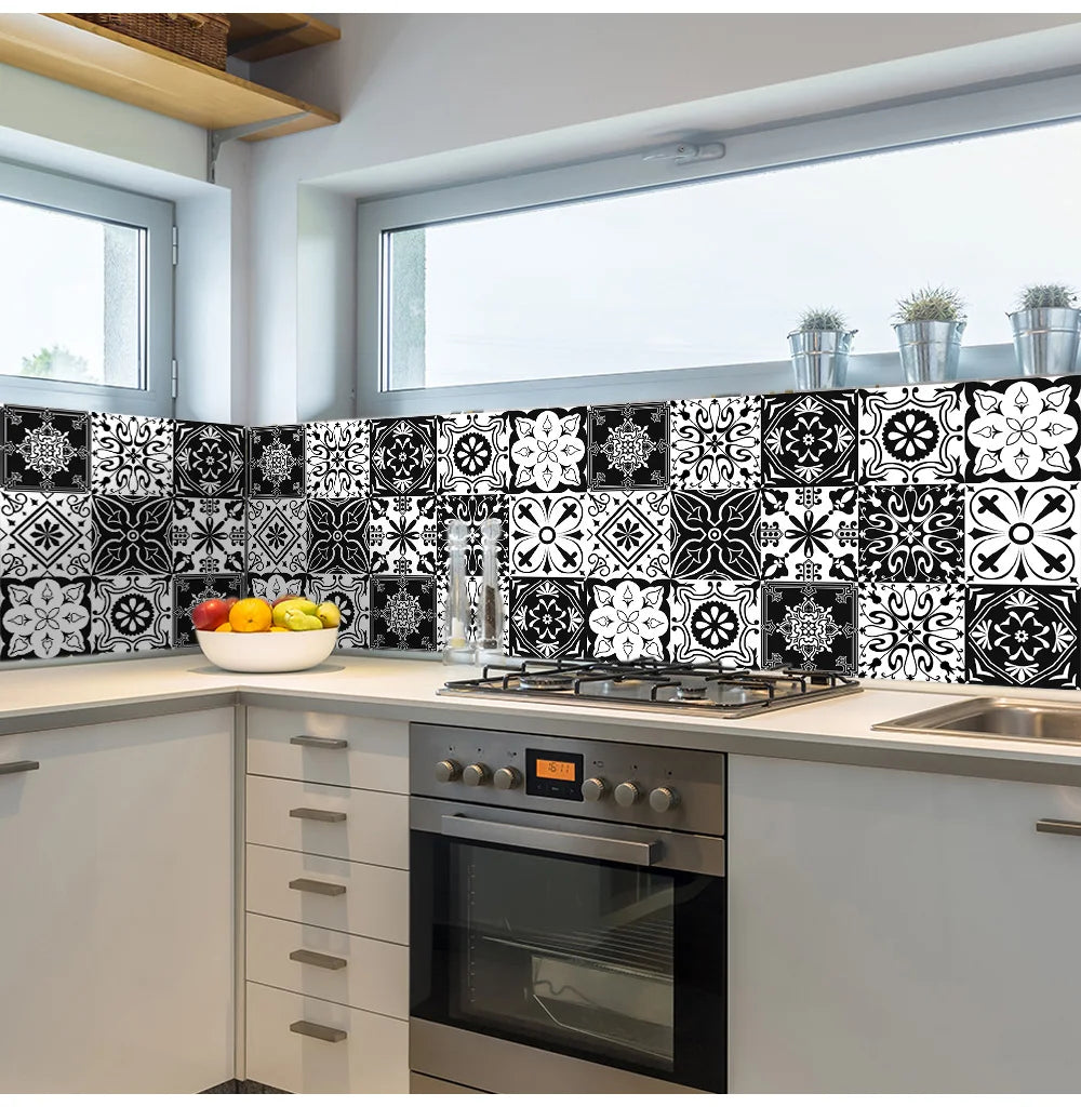 Black &amp; White Pattern Matte Surface Floor Sticker Adhesive Tile Decoration Film For Tiles /Ground in Kitchen Bathroom Non-slip