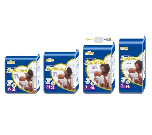 Bốn gói tã màu xanh dương với hình ảnh mẹ bồng con, kích cỡ S, M, L, XL.