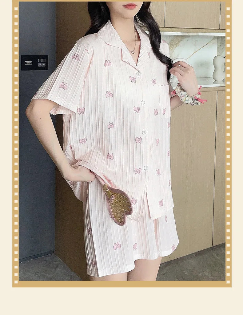 Bộ Đồ Ngủ Nữ Hè Cotton Kẻ Sọc Nơ Dễ Thương