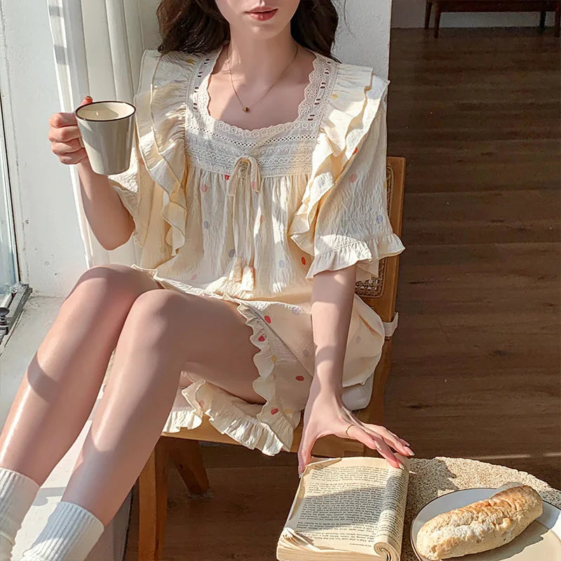 SAMWESTART Summer Lace Polka Dot Princess Pajamas Set