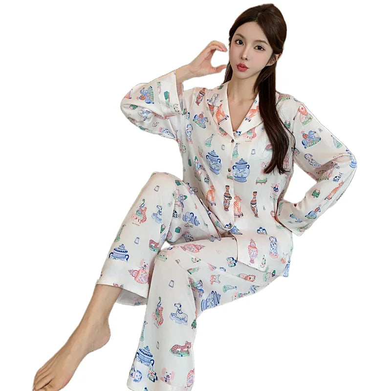 Women's Spring 2024 Pajamas - Pink Silk Printed Pattern