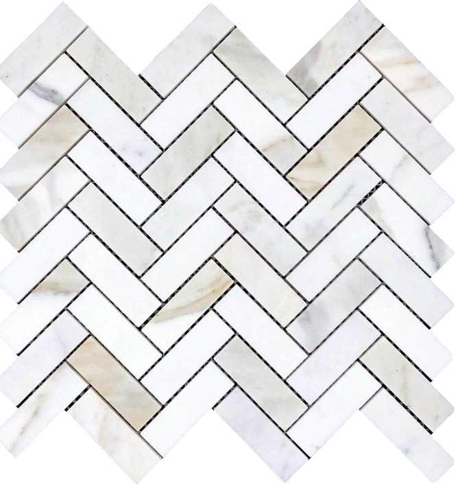 Calacatta gold herringbone mosaic tiles