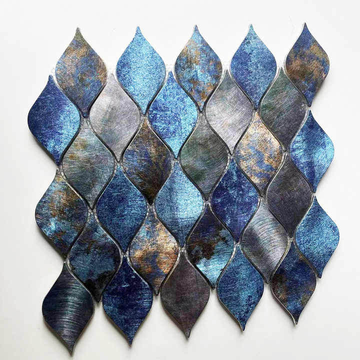 Modern luxury blue irregular hexagon aluminum bathroom mosaic tiles for home, hotel, villa, kitchen, wall decoration 