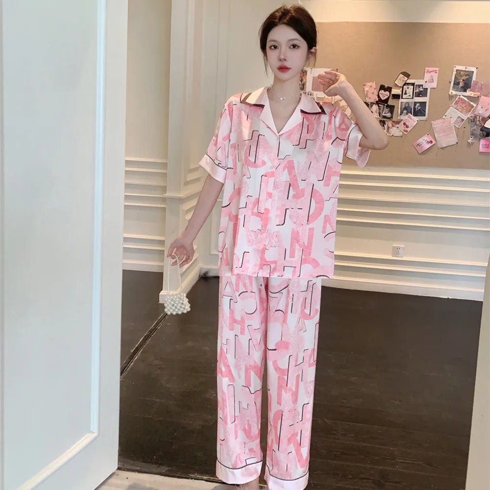 3-Piece Summer Silk Women's Pajamas Set with Printed Patterns