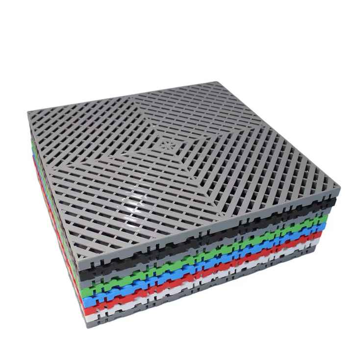 Modern design 400x400x18mm PP plastic garage floor tiles anti-slip with lock, vented and removable for car washing 