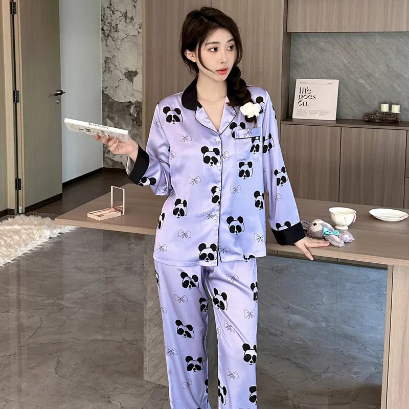 Bộ Đồ Ngủ Lụa Lạnh Nữ V-neck Dài Tím Gấu Panda - Daisan Mart