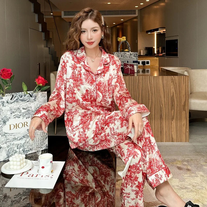 SAMWESTART Women's Spring Summer Ink Print Ice Silk Pajamas