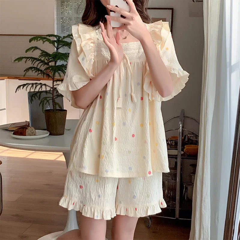 SAMWESTART Summer Lace Polka Dot Princess Pajamas Set