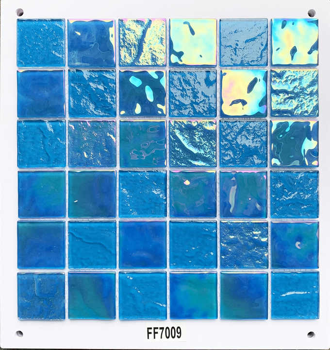 Modern square crystal iridescent glass pool tiles 4mm thick ocean blue for villa bathroom 