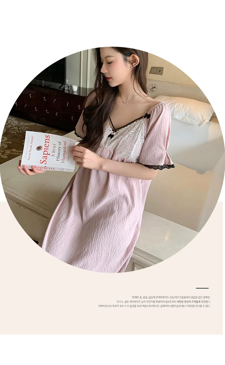 SAMWESTART cool cotton silk nightgown with lace bow and short sleeves