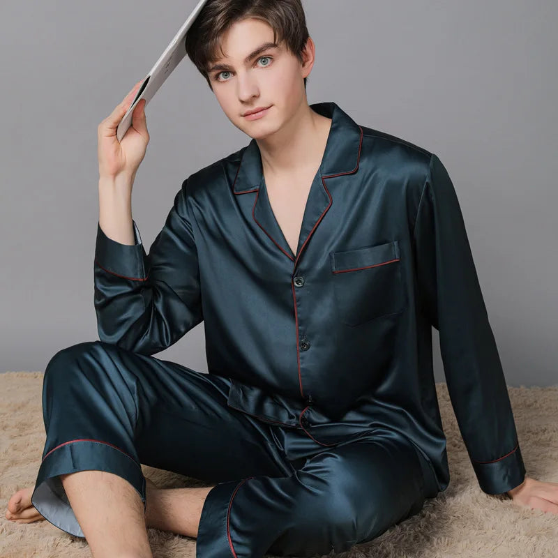 High-end luxury silk pajamas for men and women autumn and winter