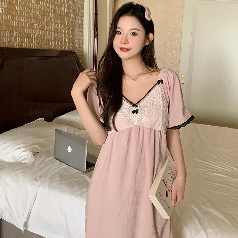 SAMWESTART cool cotton silk nightgown with lace bow and short sleeves