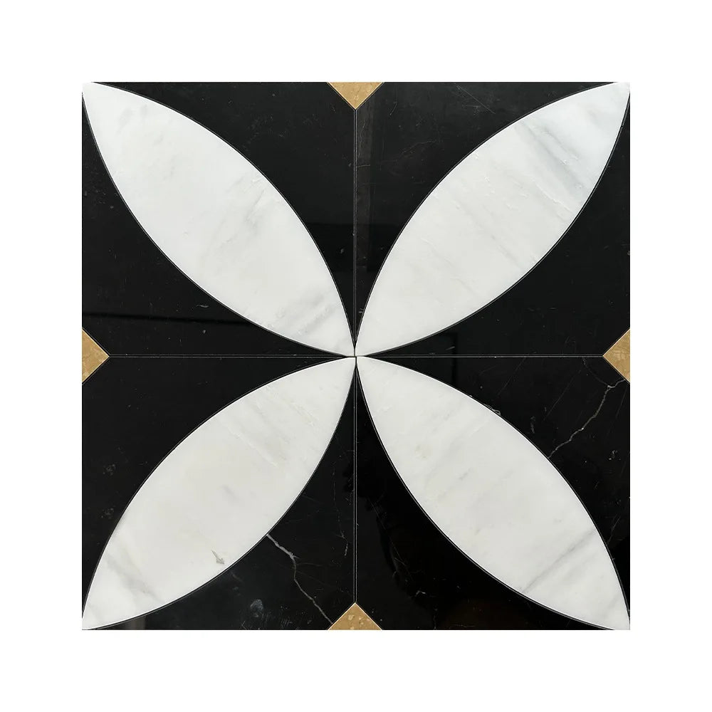 Polished Metal Brass Square Shape Natural Stone Flower Marble Mosaic Tile Waterjet Cutting for Interior Hotel Mall Wall Art - Daisan Mart