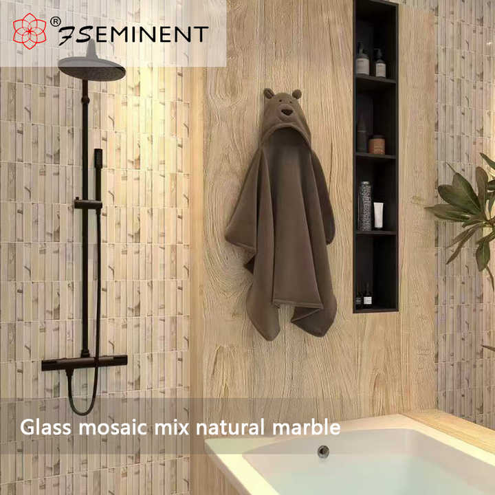 Natural marble mixed glass mosaic tiles wood floor style for kitchen bathroom wall decoration graphic design