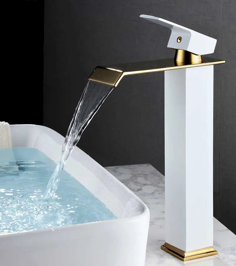 Basin Faucet Gold and Black Waterfall Faucet Brass Bathroom Wash Basin Mixer Tap Hot and Cold Water Vanity Vessel Sink Faucets - Daisan Mart