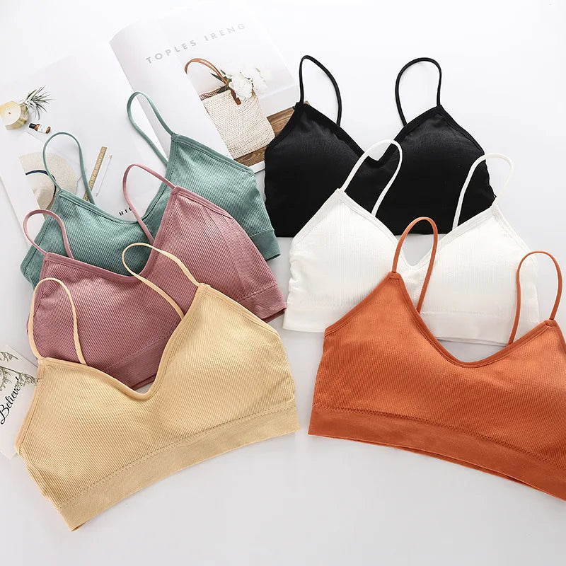 Các áo lót dây mảnh nhiều màu: xanh ngọc, hồng, trắng, đen, vàng, cam, xếp trên nền trắng.