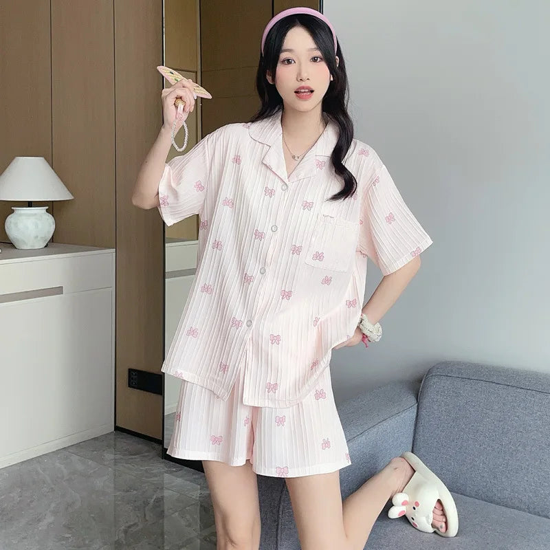 Bộ Đồ Ngủ Nữ Hè Cotton Kẻ Sọc Nơ Dễ Thương
