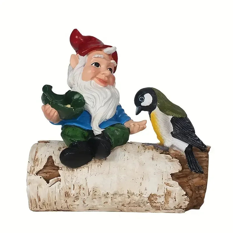 Cartoon Style Gnome & Bird Resin Statue Painted Animal Figurine for Garden & Outdoor Tree-Mounted Feeder Display