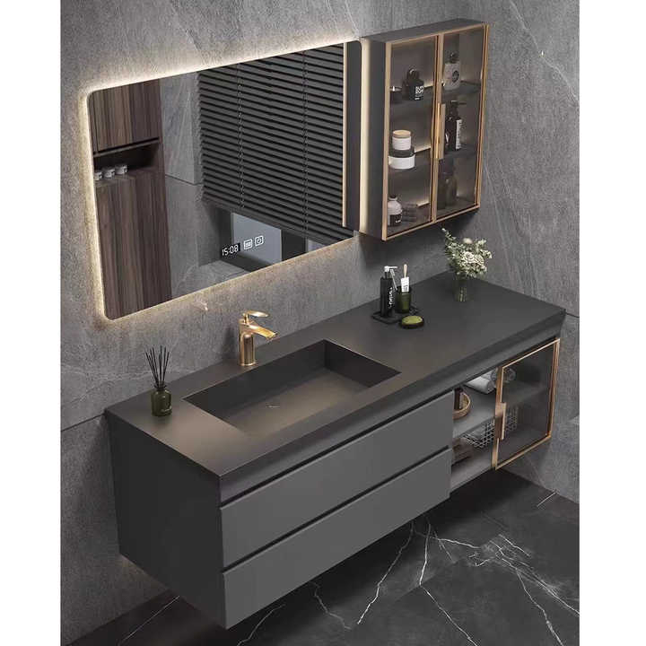 Luxury single bathroom vanity cabinet with smart mirror and side cabinet Modern bathroom furniture set 