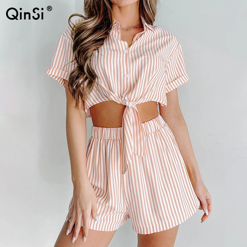 QINSI Cute Striped Pink Women's Pajamas Set