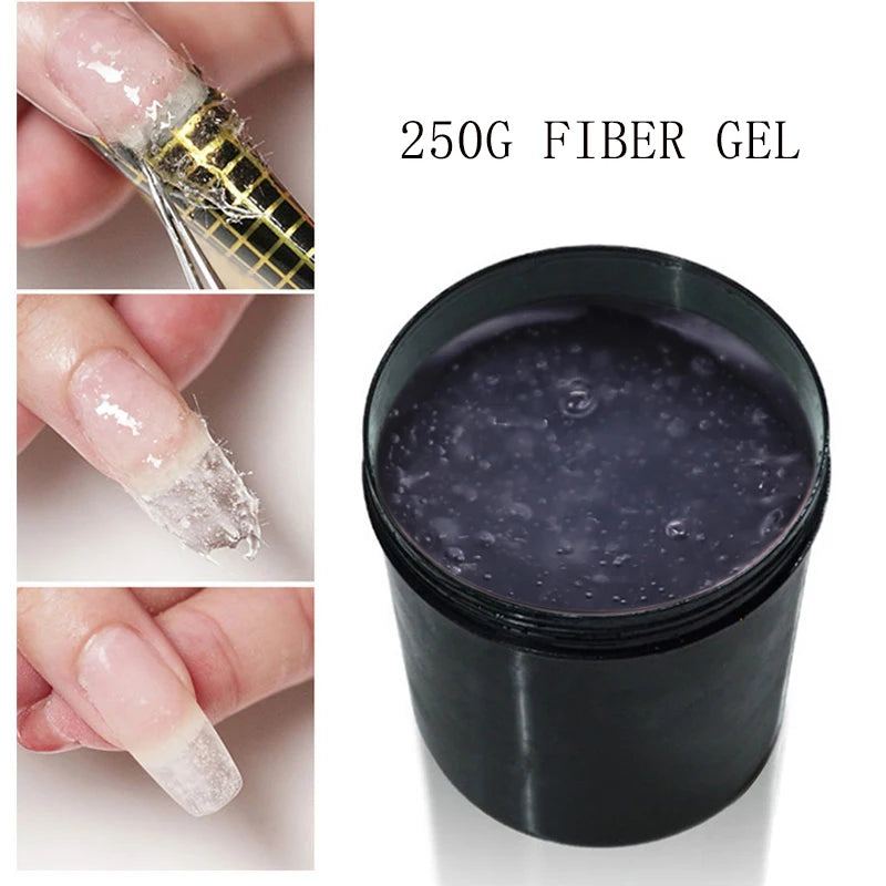 Hộp gel sợi 250g, màu tím nhạt, bên cạnh là hình minh họa quy trình làm móng tay.