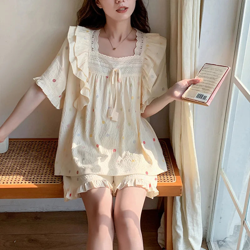 SAMWESTART Summer Lace Polka Dot Princess Pajamas Set