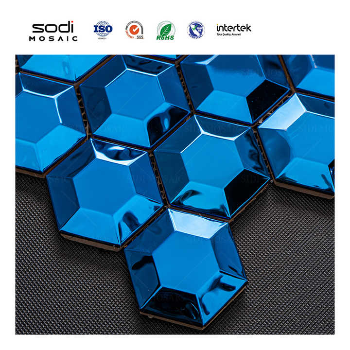 3D gold hexagon kitchen wall tiles blue mirror surface stainless steel metal mosaic 