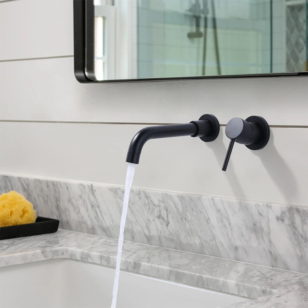 Matte Black Wall Mount Bathroom Sink Faucet with Swivel Spout&Solid Brass Valve, Single Lever Handle Basin Faucets Mixers Tap - Daisan Mart