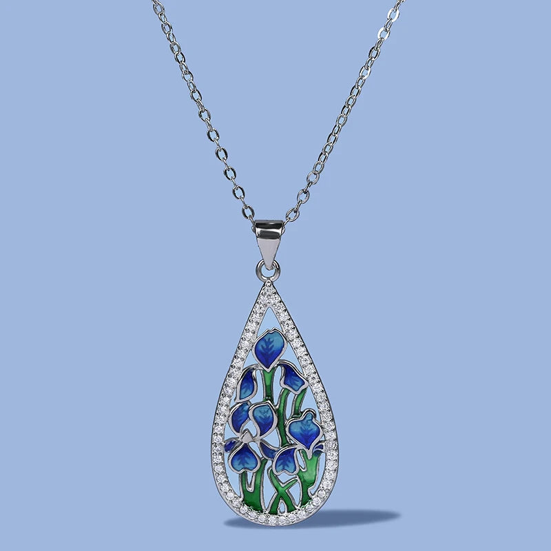 925 Sterling Silver Women's Necklace with Handcrafted Enamel Blue Flowers